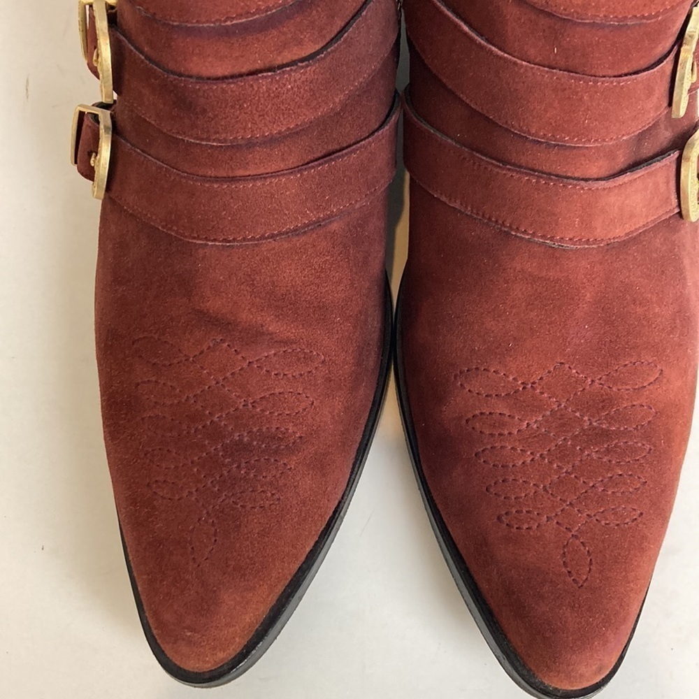 Anine Bing Witchy Western Emma Boots Burgundy Gold Triple Buckle Luxury Cowboy - Picture 9 of 16